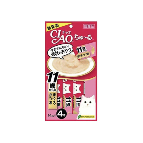 Ciao 貓貓零食肉泥條【吞拿魚、鰹魚醬】（14g X 4ps) 56g【11歲以上高齡貓】